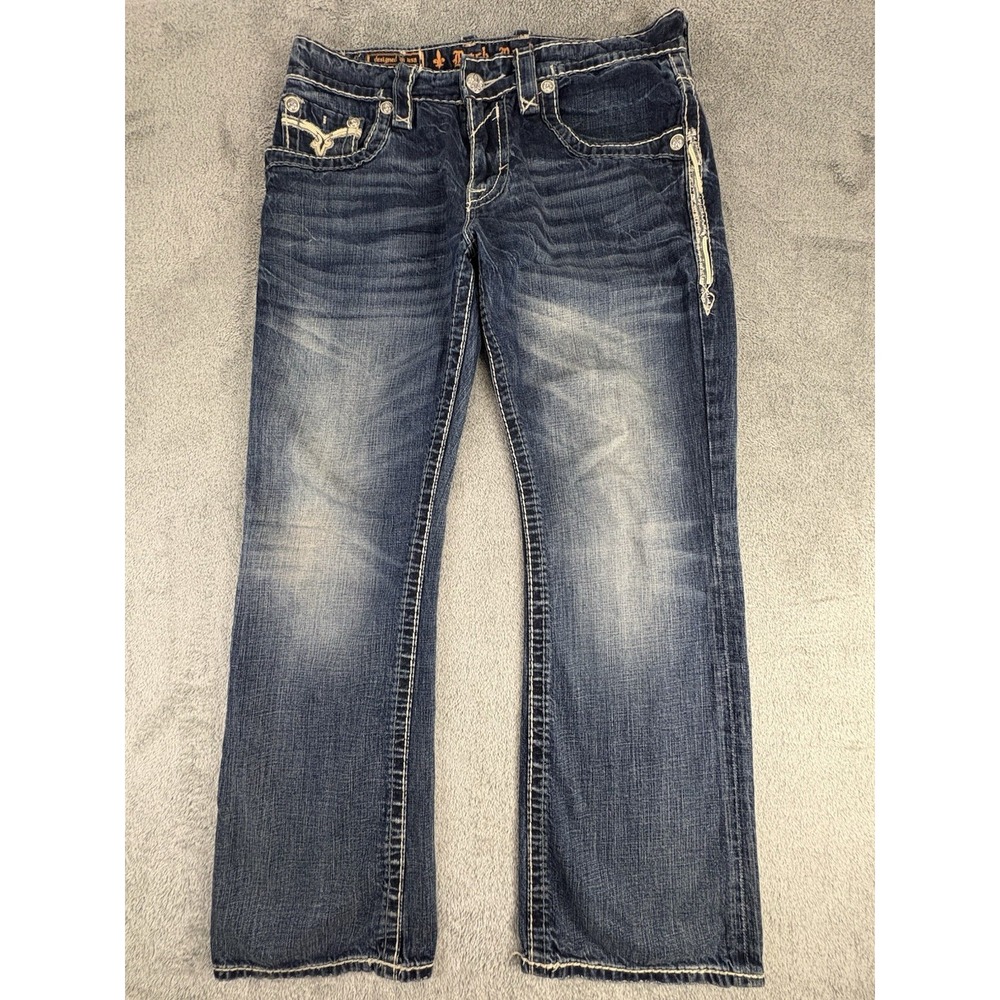 Rock Revival Men 36/31 Carl Bootcut Blue Jeans Embellished Pockets